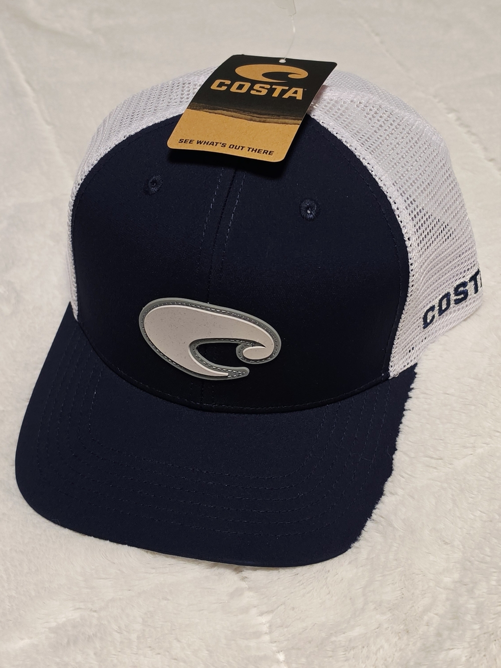 Costa Navy and White Mesh Logo Trucker Hat